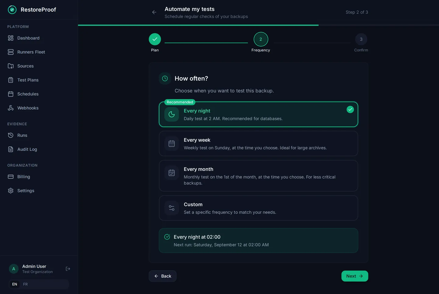 RestoreProof scheduling wizard: how often to test a backup, with the next run date