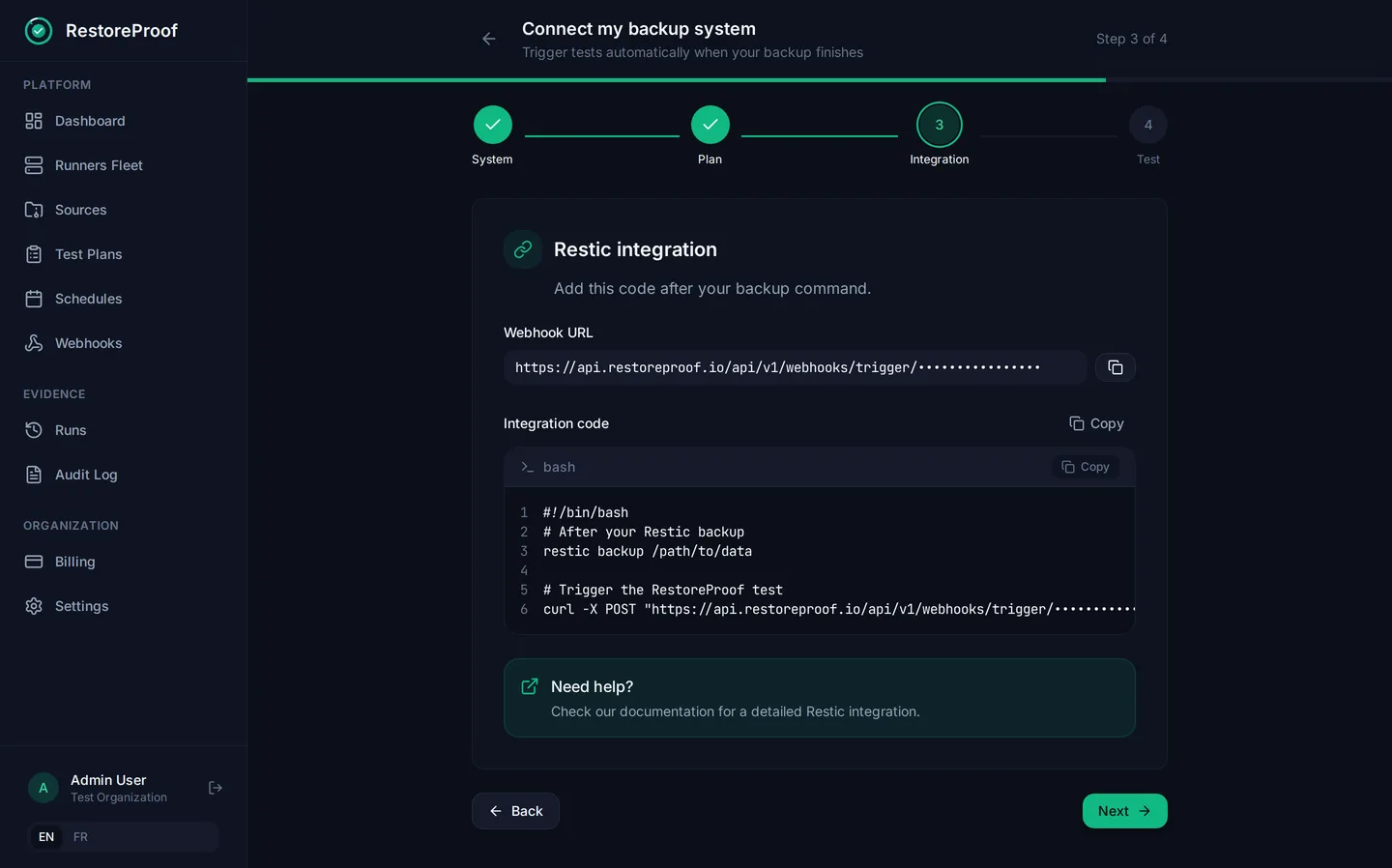 RestoreProof connect wizard: the webhook URL and the Restic integration snippet