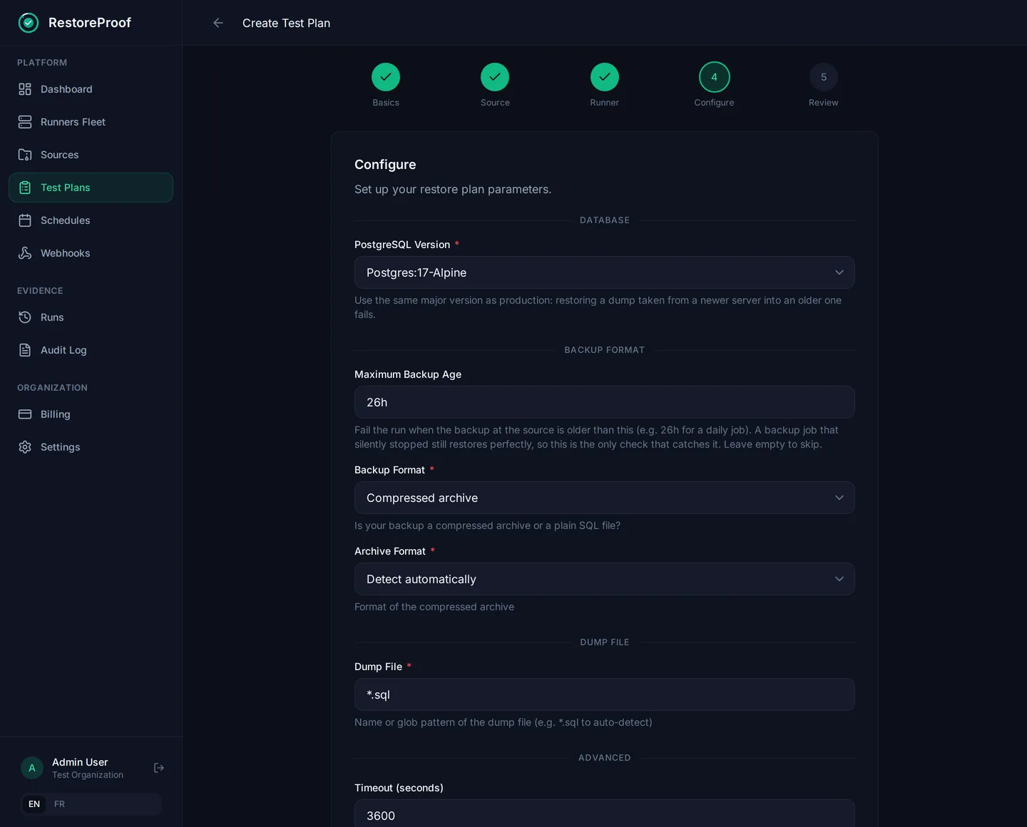 RestoreProof plan wizard: backup format, dump file, timeout and the probes to run
