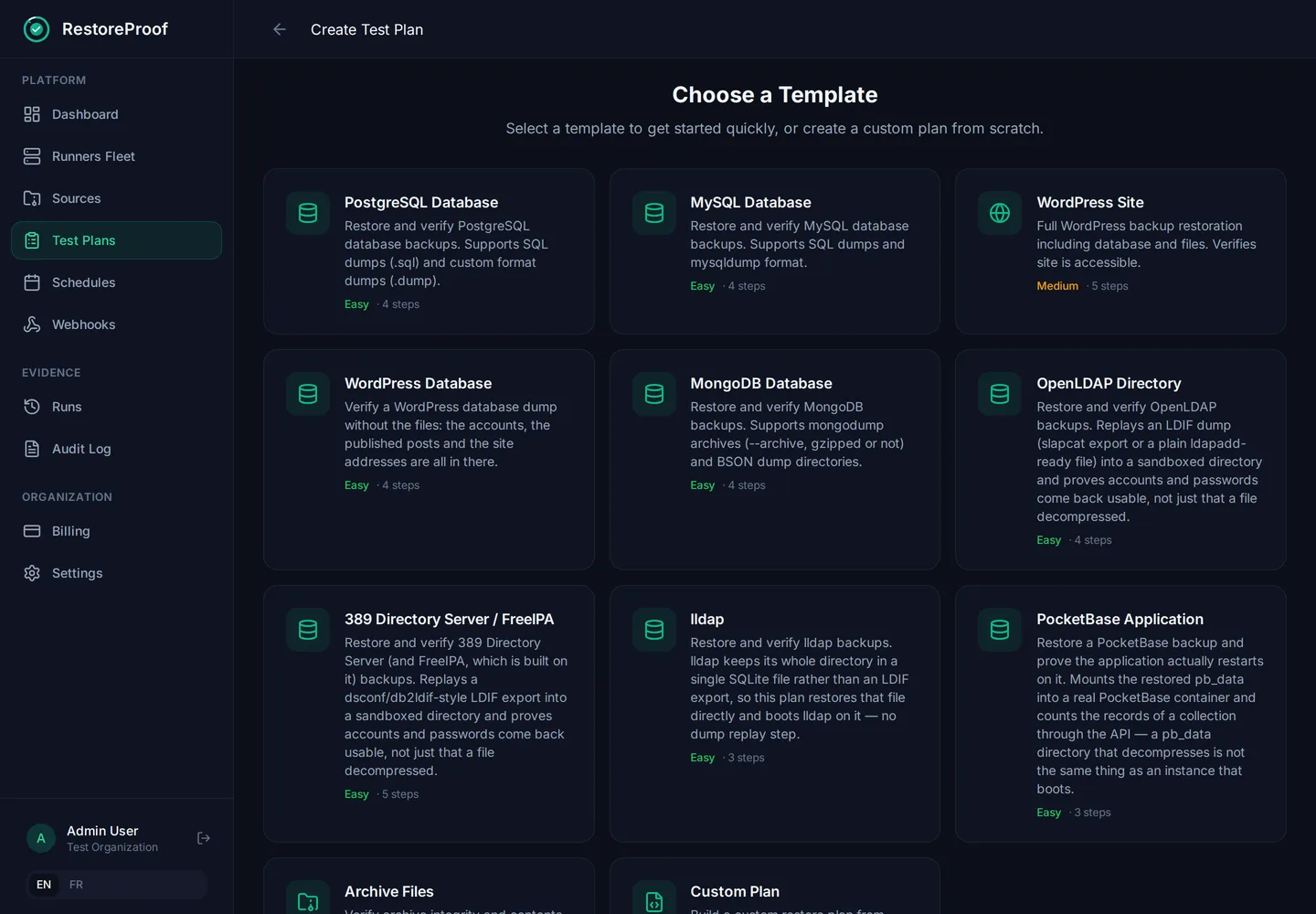 RestoreProof plan wizard showing the PostgreSQL, MySQL, WordPress and archive templates