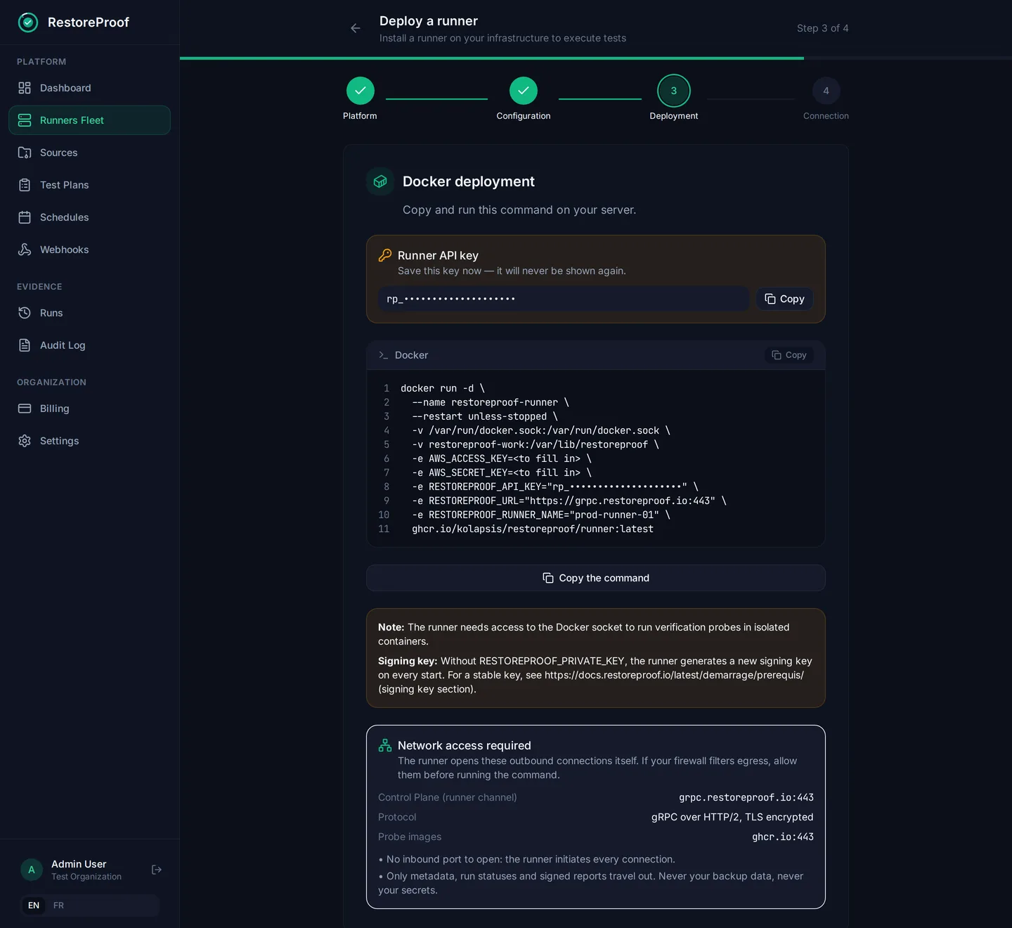 RestoreProof deploy-a-runner wizard: the generated docker run command with the runner API key