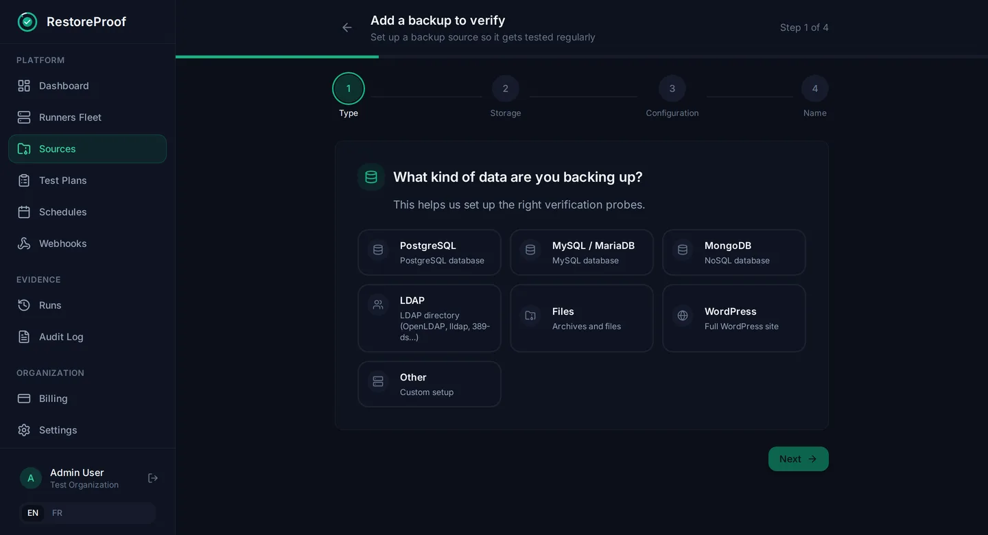 RestoreProof add-a-backup wizard asking what kind of data is backed up