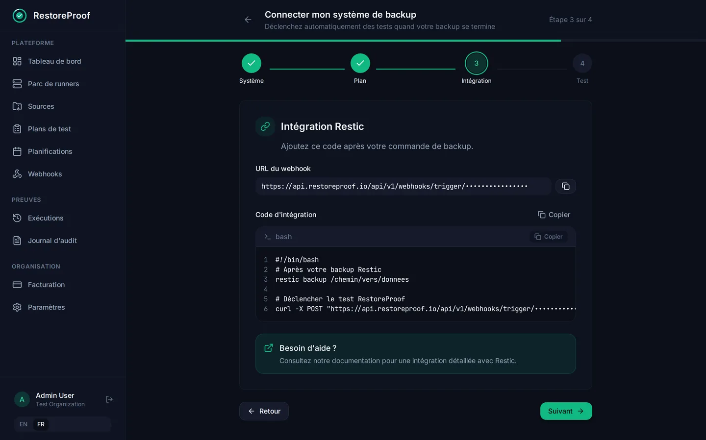 Assistant de connexion RestoreProof : l'URL du webhook et le code d'intégration Restic