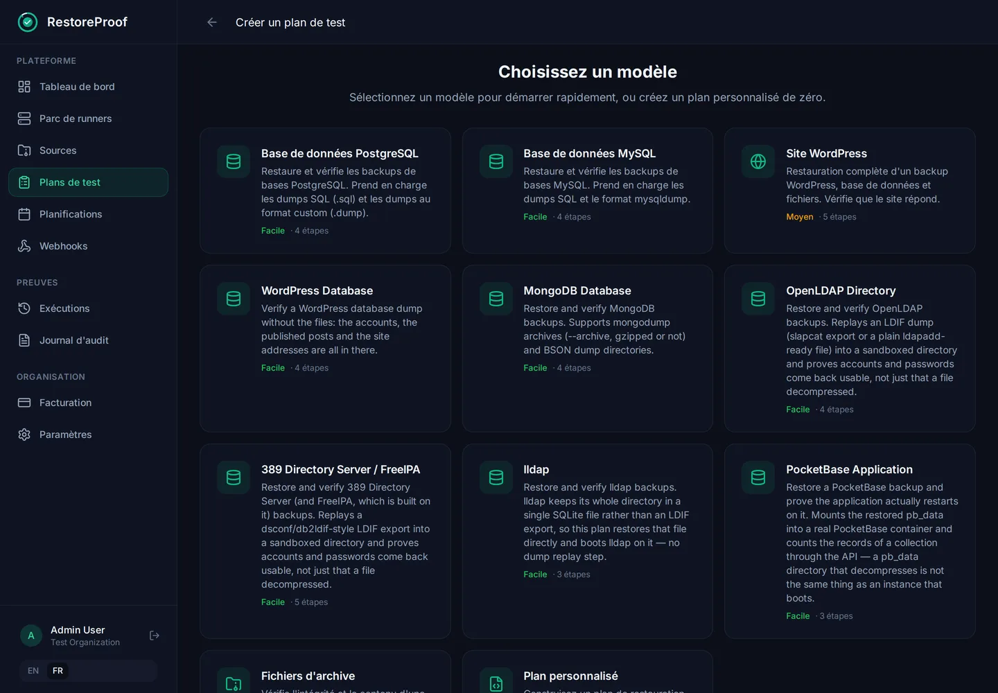 Assistant de plan RestoreProof affichant les modèles PostgreSQL, MySQL, WordPress et archives