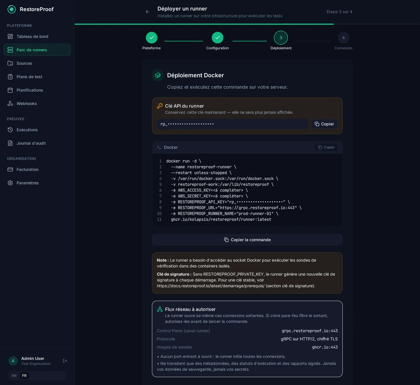 Assistant de déploiement d'un runner RestoreProof : la commande docker run générée avec la clé API du runner