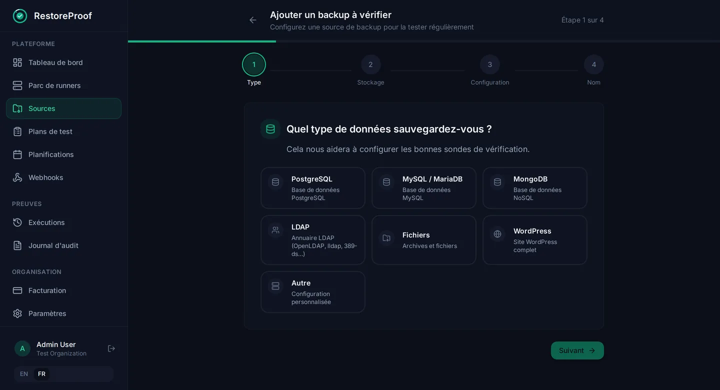 Assistant d'ajout de sauvegarde RestoreProof : quel type de données est sauvegardé